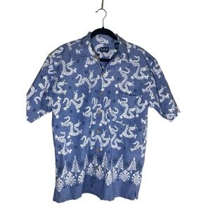 Men's Blue Dragon Print Button Up Shirt L Cotton Hawaiian Camp Collar Aloha